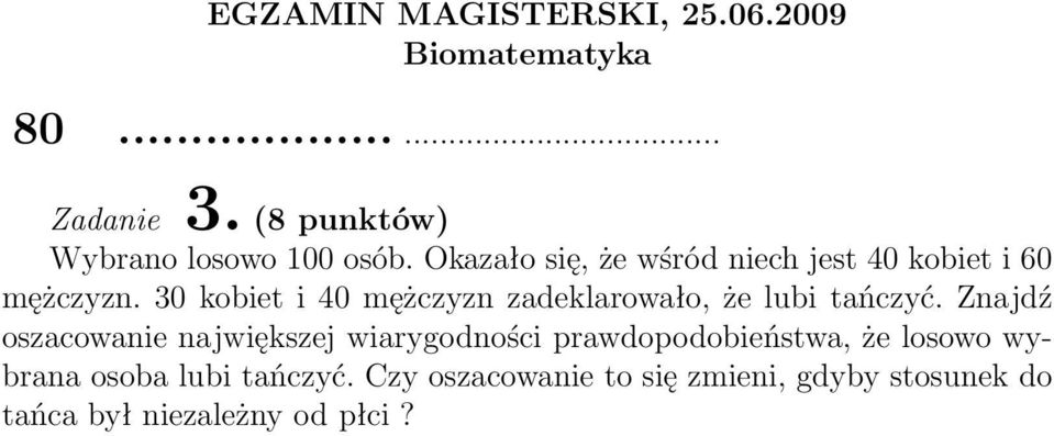 30 kobiet i 40 mężczyzn zadeklarowało, że lubi tańczyć.