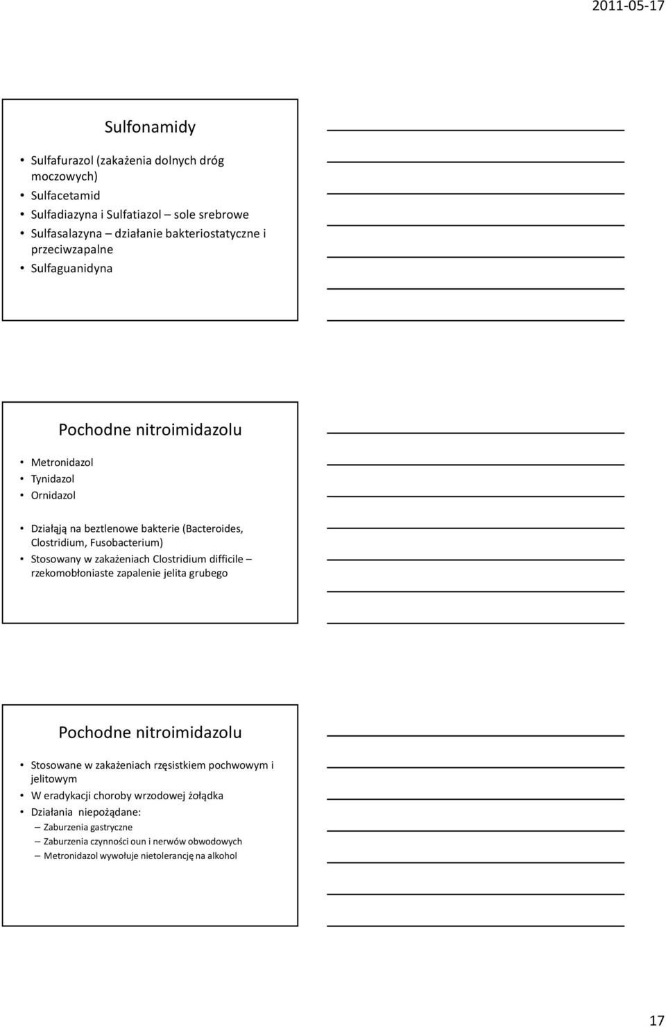 Stosowany w zakażeniach Clostridium difficile rzekomobłoniaste zapalenie jelita grubego Pochodne nitroimidazolu Stosowane w zakażeniach rzęsistkiem pochwowym i