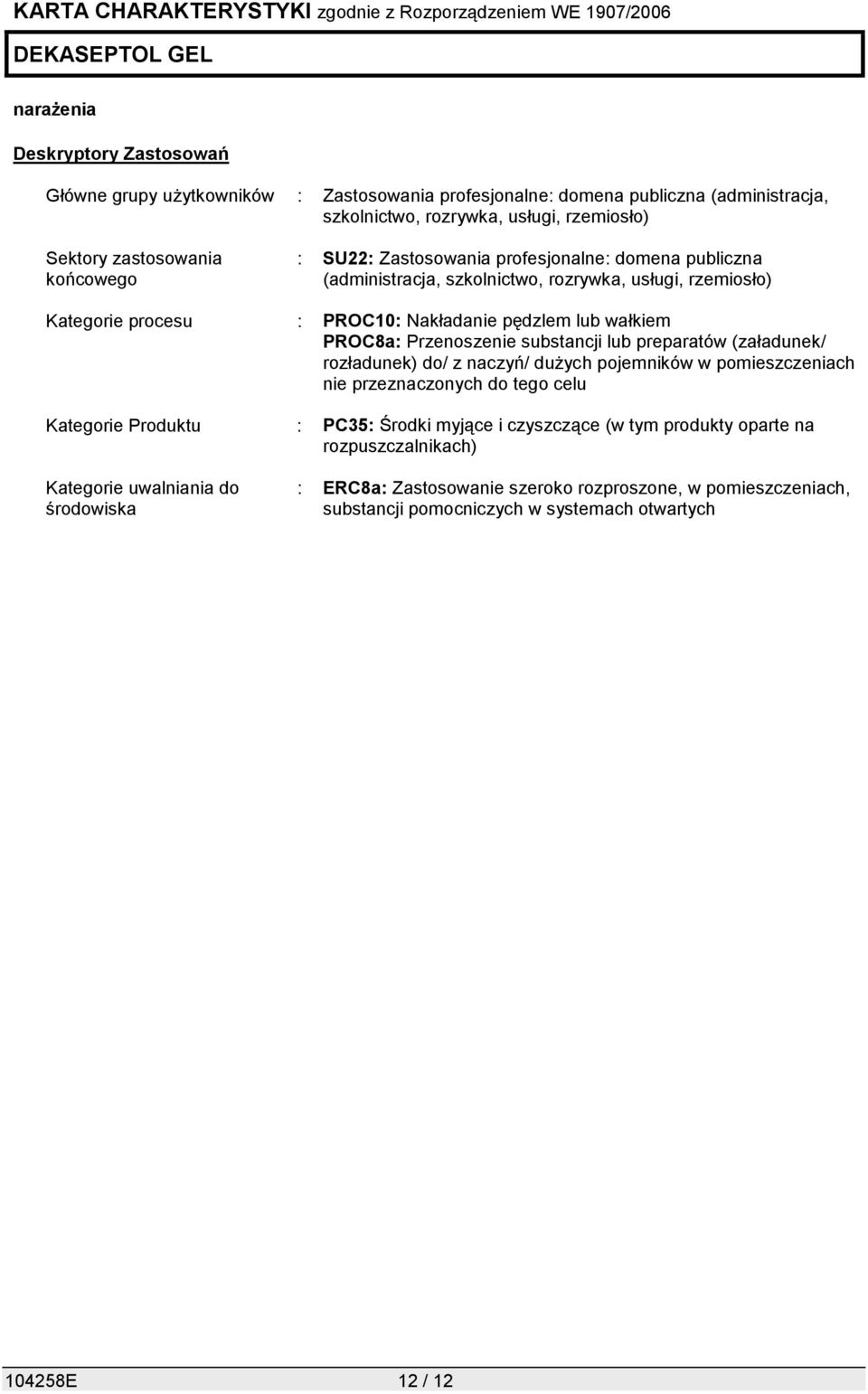 Przenoszenie substancji lub preparatów (załadunek/ rozładunek) do/ z naczyń/ dużych pojemników w pomieszczeniach nie przeznaczonych do tego celu Kategorie Produktu : PC35: Środki myjące i