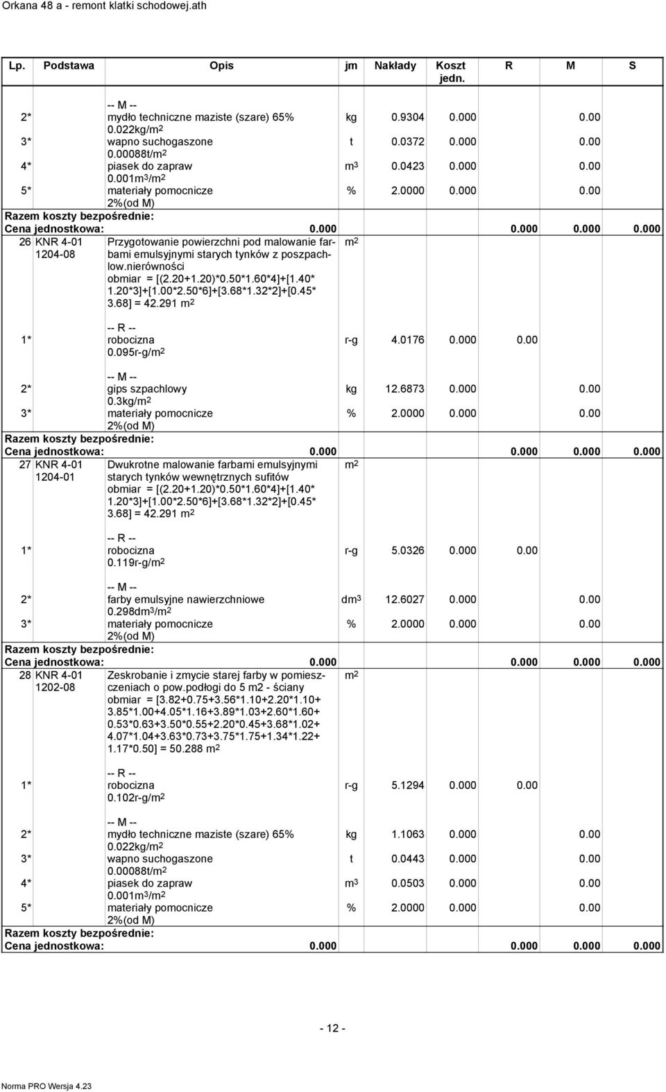 50*1.60*4]+[1.40* 1.20*3]+[1.00*2.50*6]+[3.68*1.32*2]+[0.45* 3.68] = 42.291 0.095r-g/ r-g 4.0176 0.000 0.00 kg 12.6873 0.000 0.00 2* gips szpachlowy 0.