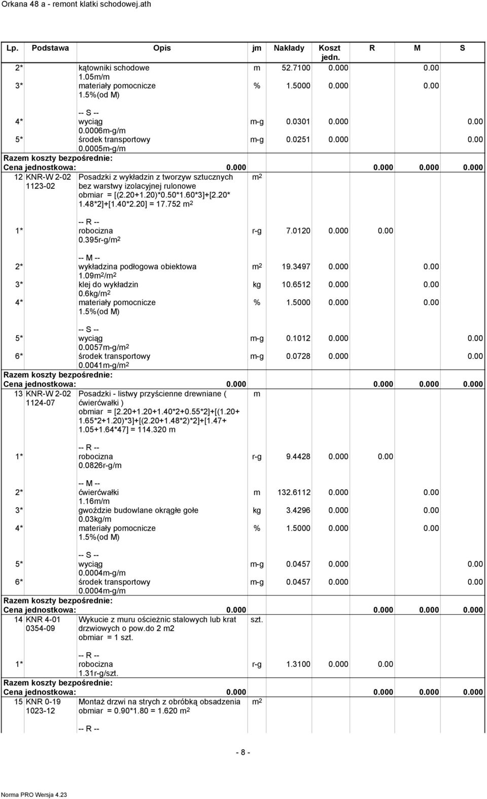 000 0.00 19.3497 0.000 0.00 kg 10.6512 0.000 0.00 2* wykładzina podłogowa obiektowa 1.09 / 3* klej do wykładzin 0.6kg/ -g 0.1012 0.000 0.00 -g 0.0728 0.000 0.00 5* wyciąg 0.