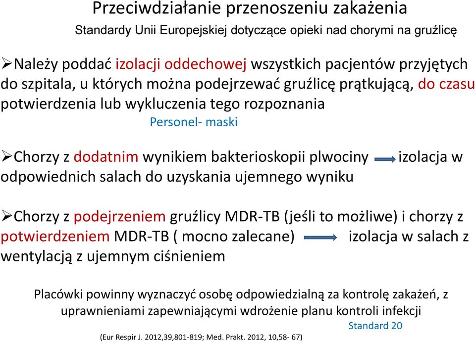 Chorzy z podejrzeniem gruźlicy MDR-TB (jeśli to możliwe) i chorzy z potwierdzeniem MDR-TB ( mocno zalecane) izolacja w salach z wentylacją z ujemnym ciśnieniem Placówki powinny