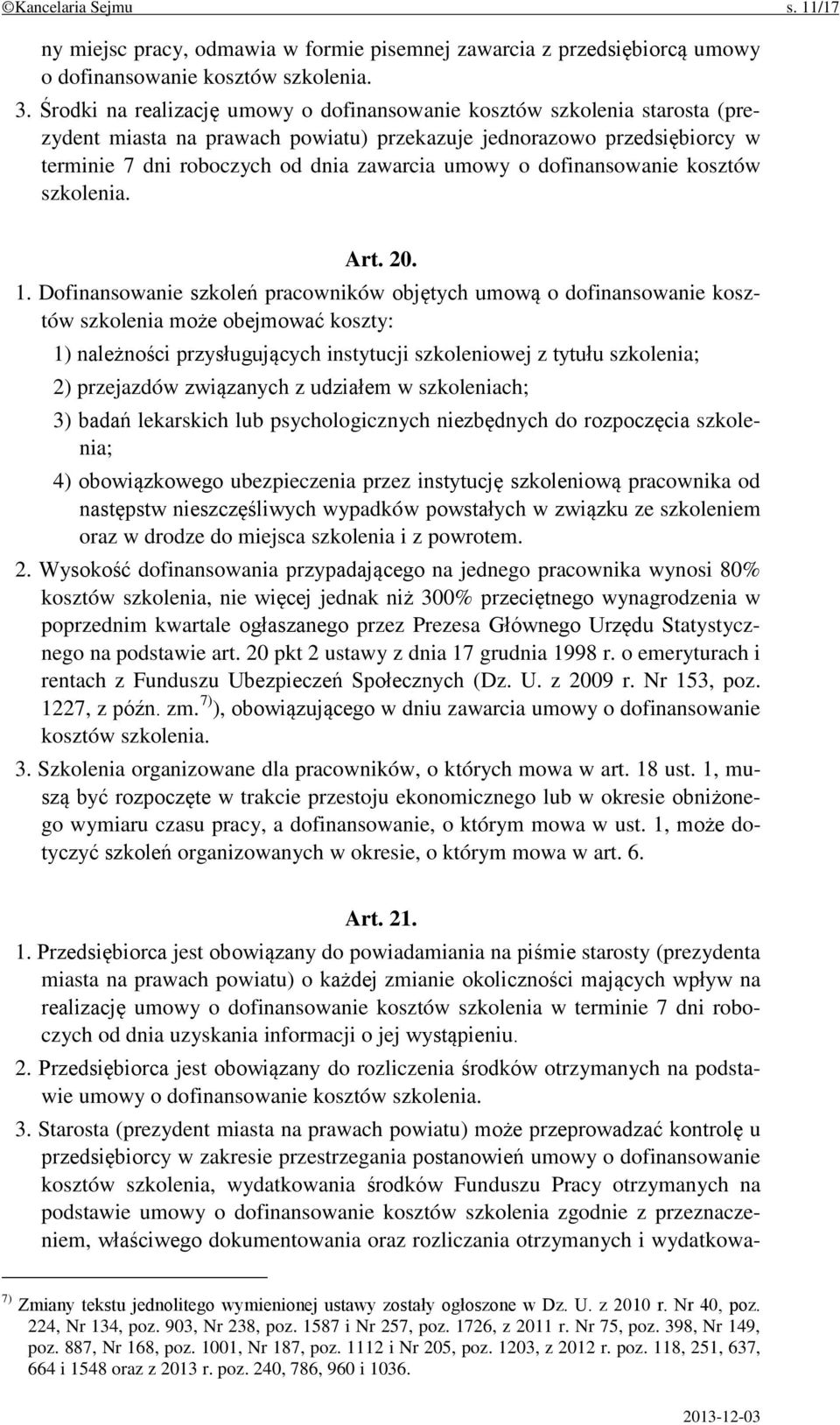 dofinansowanie kosztów szkolenia. Art. 20. 1.