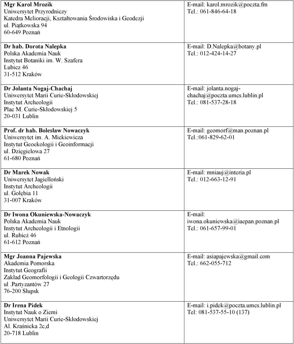 Rubież 46 61-612 Poznań Mgr Joanna Pajewska Akademia Pomorska Zakład Geomorfologii i Geologii Czwartorzędu ul.partyzantów 27 76-200 Słupsk Dr Irena Pidek Al. Kraśnicka 2c,d 20-718 Lublin karol.