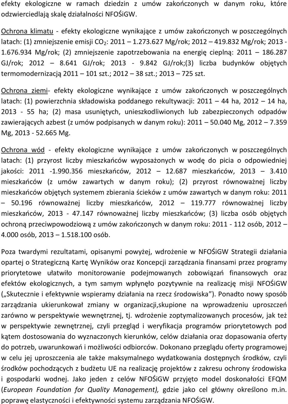 934 Mg/rok; (2) zmniejszenie zapotrzebowania na energię cieplną: 2011 186.287 GJ/rok; 2012 8.641 GJ/rok; 2013-9.842 GJ/rok;(3) liczba budynków objętych termomodernizacją 2011 101 szt.; 2012 38 szt.