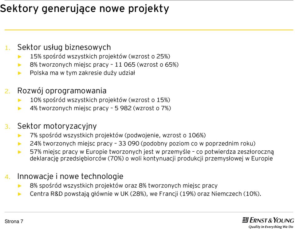 Sektor motoryzacyjny 7% spośród wszystkich projektów (podwojenie, wzrost o 106%) 24% tworzonych miejsc pracy 33 090 (podobny poziom co w poprzednim roku) 57% miejsc pracy w Europie tworzonych jest w