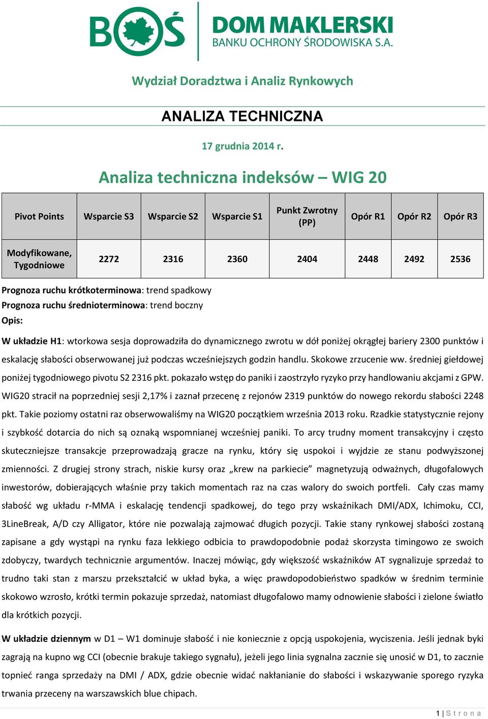 ruchu krótkoterminowa: trend spadkowy Prognoza ruchu średnioterminowa: trend boczny Opis: W układzie H1: wtorkowa sesja doprowadziła do dynamicznego zwrotu w dół poniżej okrągłej bariery 2300 punktów