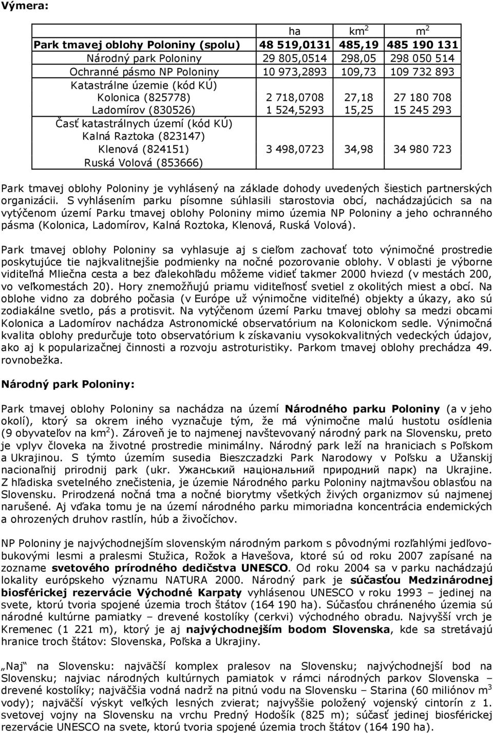 Ruská Volová (853666) 3 498,0723 34,98 34 980 723 Park tmavej oblohy Poloniny je vyhlásený na základe dohody uvedených šiestich partnerských organizácii.