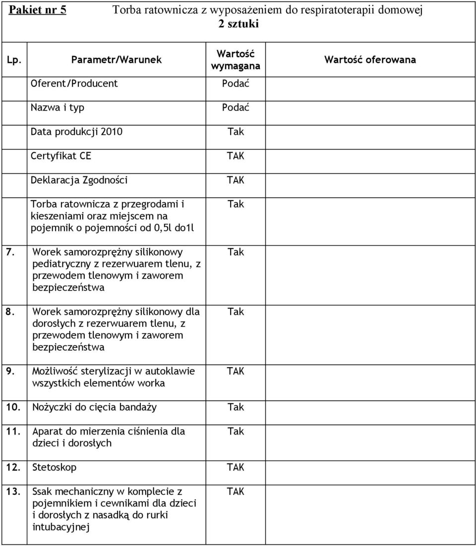 pojemności od 0,5l do1l 7. Worek samorozprężny silikonowy pediatryczny z rezerwuarem tlenu, z przewodem tlenowym i zaworem bezpieczeństwa 8.