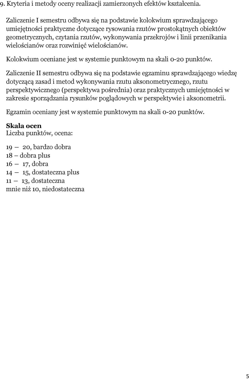 przekrojów i linii przenikania wielościanów oraz rozwinięć wielościanów. Kolokwium oceniane jest w systemie punktowym na skali 0-20 punktów.