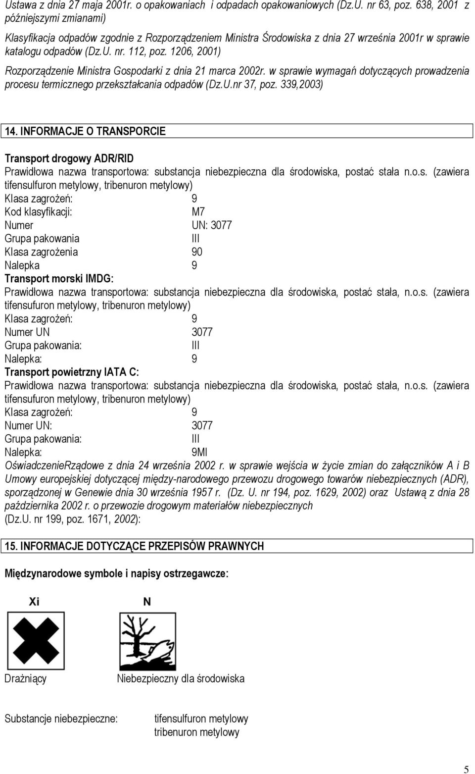 1206, 2001) Rozporządzenie Ministra Gospodarki z dnia 21 marca 2002r. w sprawie wymagań dotyczących prowadzenia procesu termicznego przekształcania odpadów (Dz.U.nr 37, poz. 339,2003) 14.