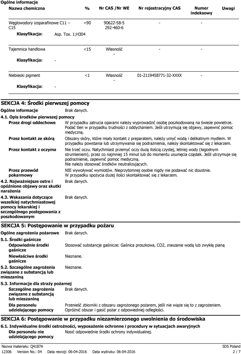Podać tlen w przypadku trudności z oddychaniem. Jeśli utrzymują się objawy, zapewnić pomoc medyczną. Przez kontakt ze skórą Przez kontakt z oczyma Przez przewód pokarmowy 4.2.