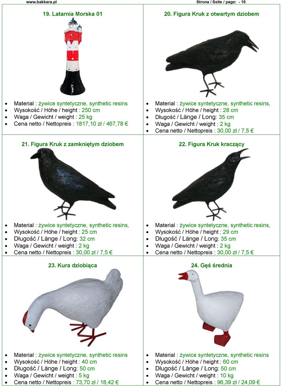 35 cm Waga / Gewicht / weight : 2 kg Cena netto / Nettopreis : 30,00 zł / 7,5 21. Figura Kruk z zamkniętym dziobem 22.