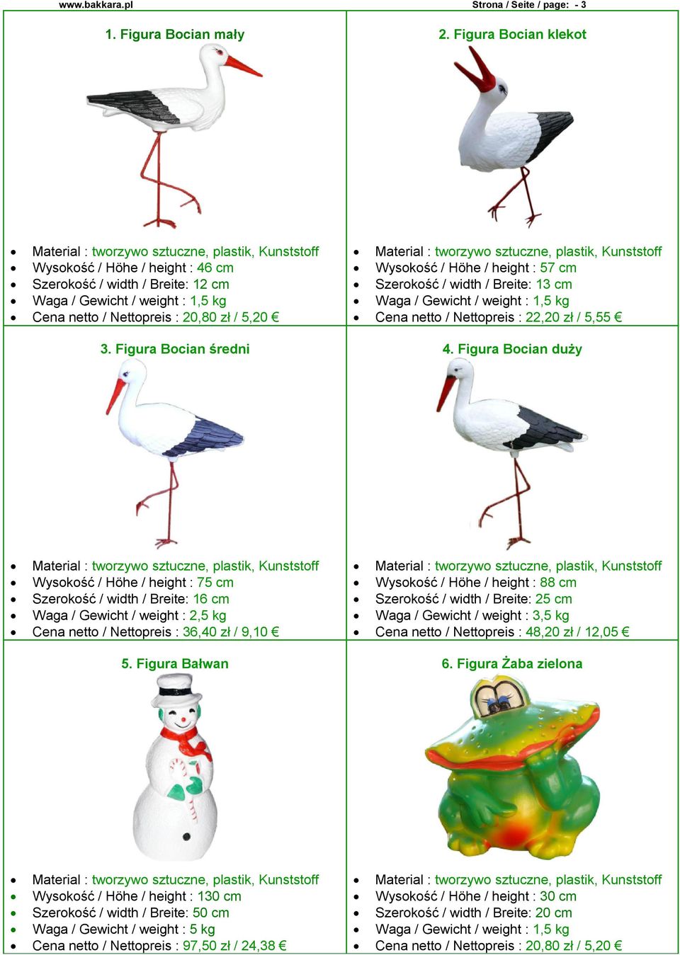 Szerokość / width / Breite: 13 cm Waga / Gewicht / weight : 1,5 kg Cena netto / Nettopreis : 22,20 zł / 5,55 3. Figura Bocian średni 4.