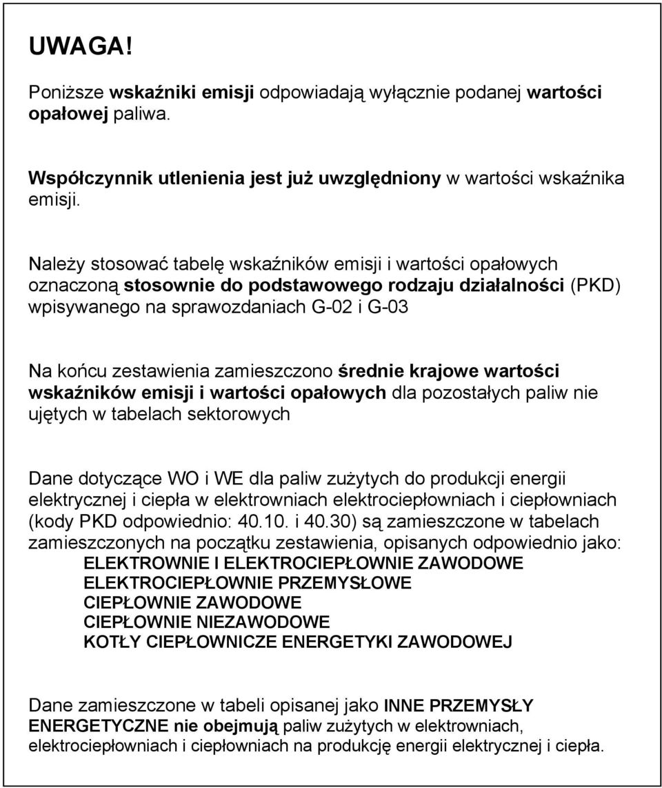 zamieszczono średnie krajowe wartości wskaźników emisji i wartości opałowych dla pozostałych paliw nie ujętych w tabelach sektorowych Dane dotyczące WO i WE dla paliw zużytych do produkcji energii