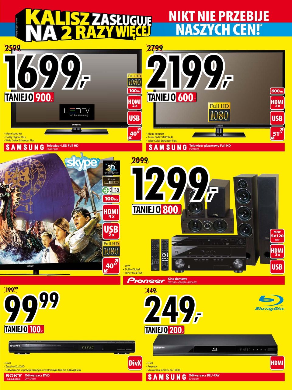 (MPEG-4) Wide Color Enhancer Plus Telewizor plazmowy Full HD PS51D530 51 100 Hz 12, 20, TNIEJ O 800, 4 x 2 x 5x120 WT 3 x 40 DivX Dolby Digital Tuner FM z RDS 1