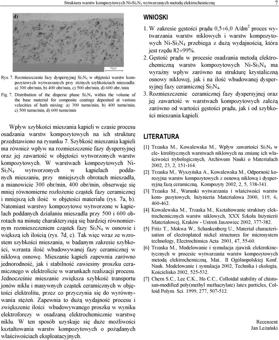 Rozmieszczenie fazy dyspersyjnej Si 3N 4 w objętości warstw kompozytowych wytwarzanych przy różnych szybkościach mieszadła: 300 obr/min, 400 obr/min, 500 obr/min, d) 600 obr./min Fig. 7.