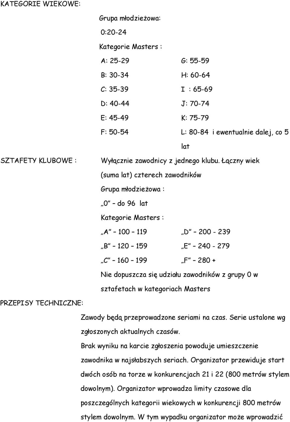 Łączny wiek (suma lat) czterech zawodników Grupa młodzieżowa : 0 do 96 lat Kategorie Masters : A 100 119 D 200-239 B 120 159 E 240-279 C 160 199 F 280 + Nie dopuszcza się udziału zawodników z grupy 0