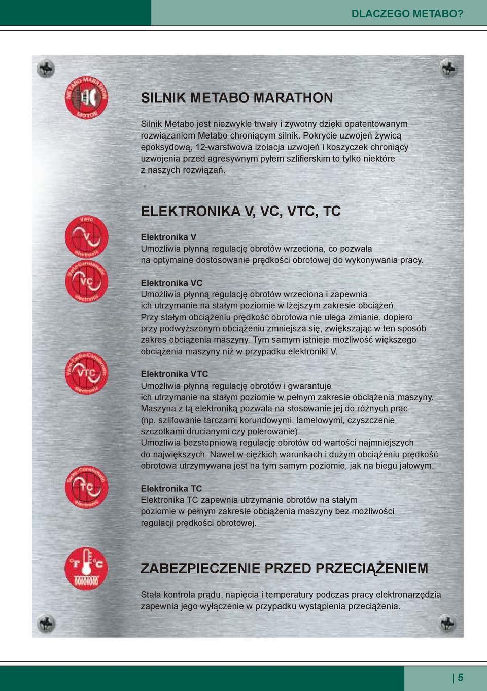 ELEKTRONIKA V, VC, VTC, TC Elektronika V Umożliwia płynną regulację obrotów wrzeciona, co pozwala na optymalne dostosowanie prędkości obrotowej do wykonywania pracy.