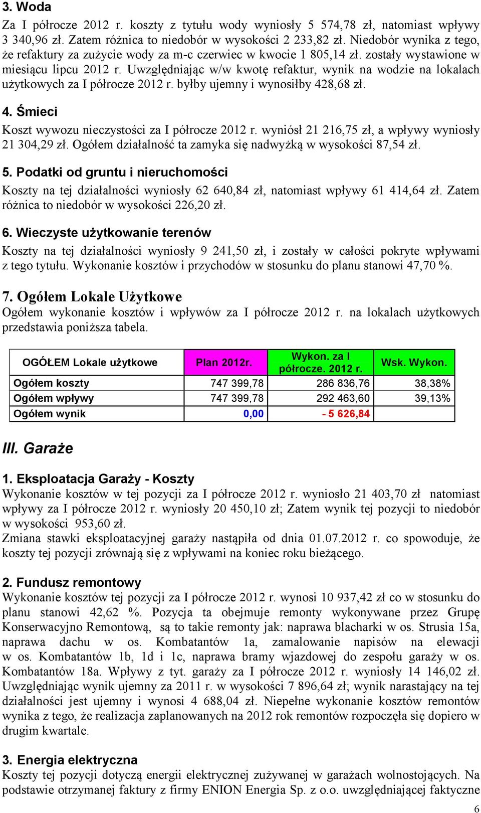 Uwzględniając w/w kwotę refaktur, wynik na wodzie na lokalach użytkowych za I półrocze 2012 r. byłby ujemny i wynosiłby 428,68 zł. 4. Śmieci Koszt wywozu nieczystości za I półrocze 2012 r.