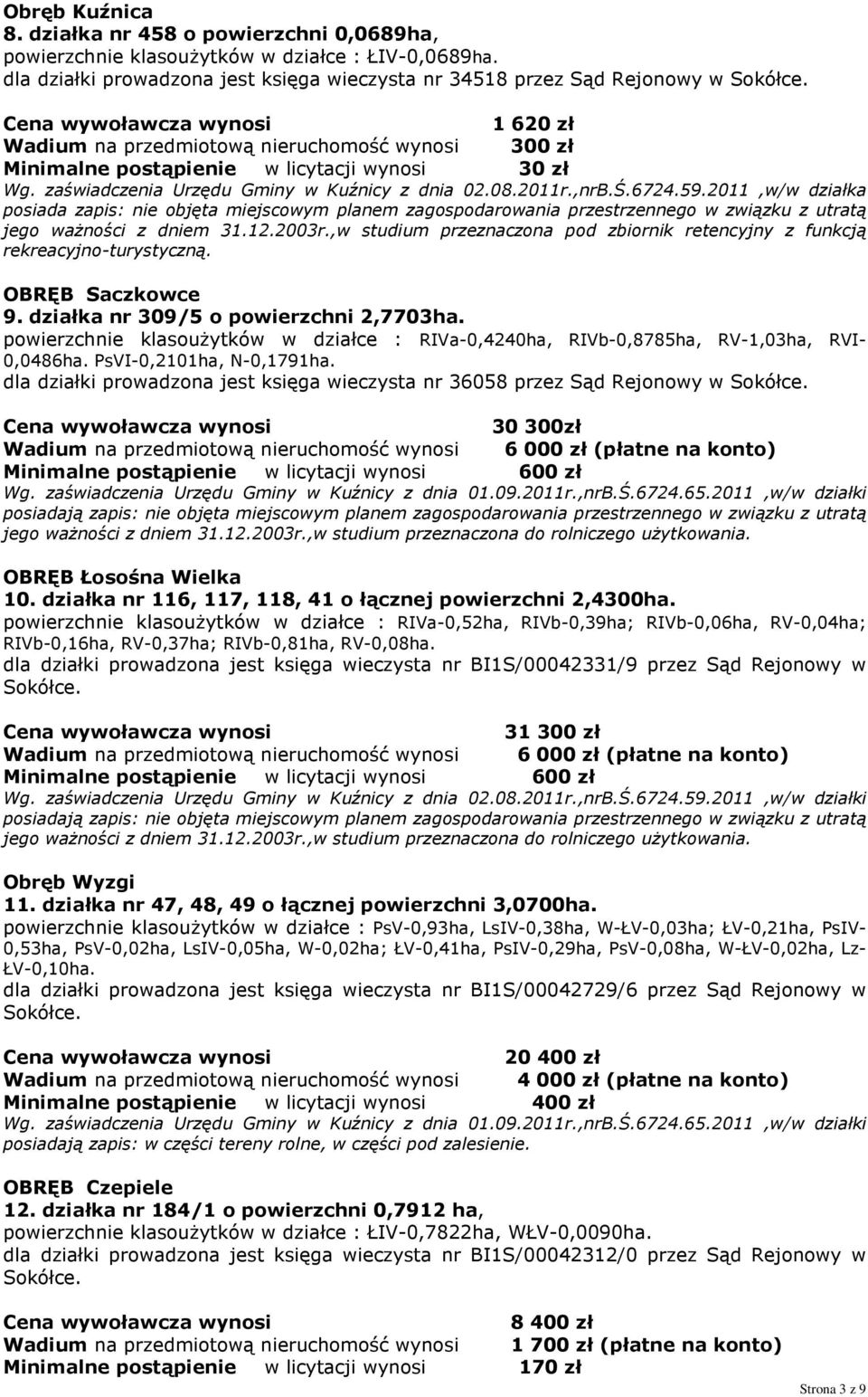 zaświadczenia Urzędu Gminy w Kuźnicy z dnia 02.08.2011r.,nrB.Ś.6724.59.