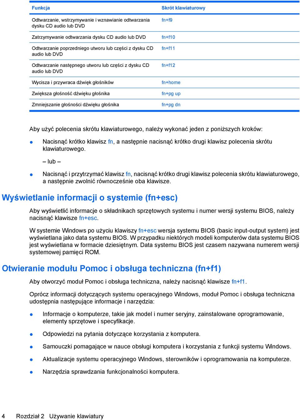 fn+f9 fn+f10 fn+f11 fn+f12 fn+home fn+pg up fn+pg dn Aby użyć polecenia skrótu klawiaturowego, należy wykonać jeden z poniższych kroków: Nacisnąć krótko klawisz fn, a następnie nacisnąć krótko drugi