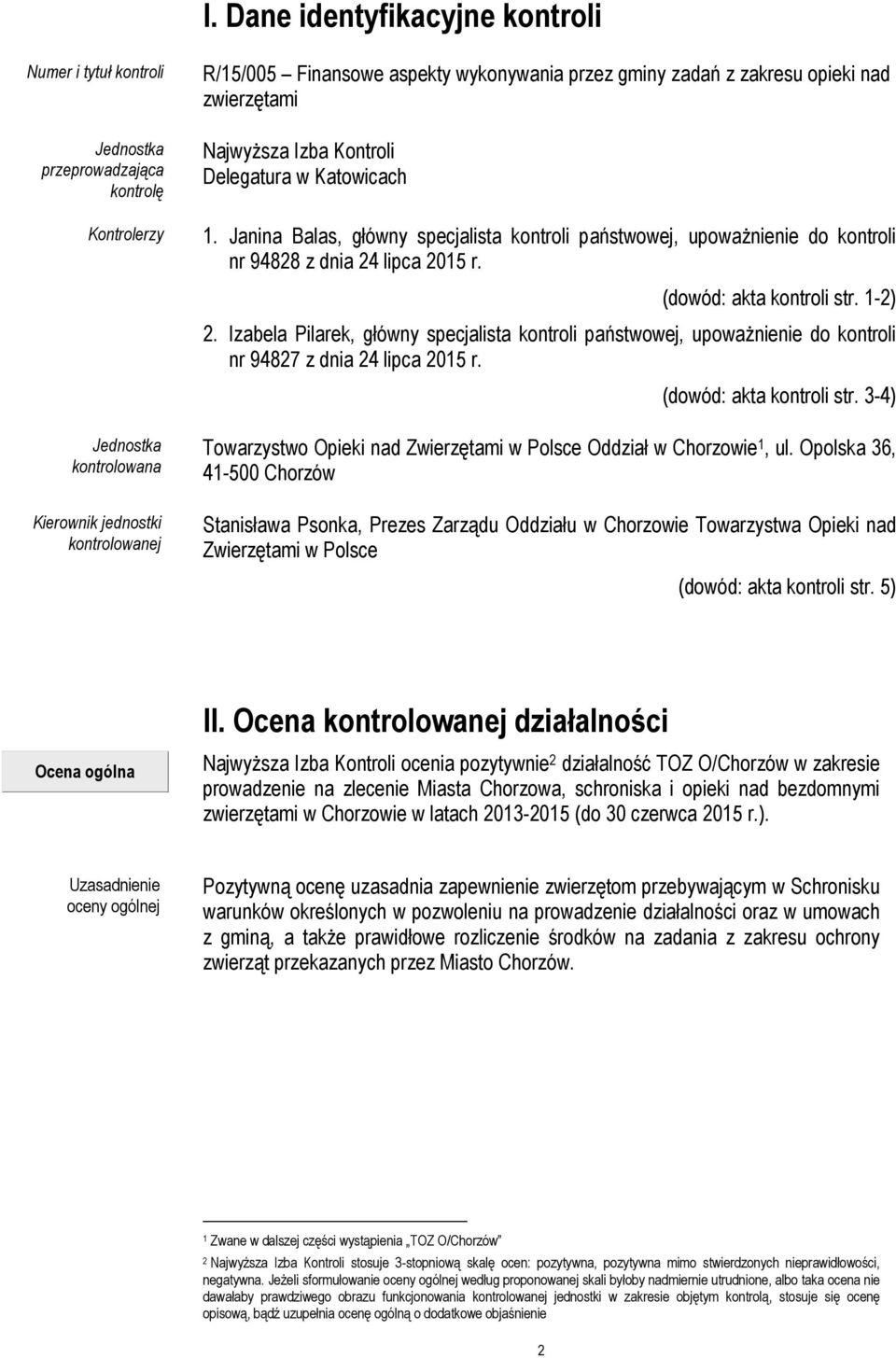 Janina Balas, główny specjalista kontroli państwowej, upoważnienie do kontroli nr 94828 z dnia 24 lipca 2015 r. (dowód: akta kontroli str. 1-2) 2.