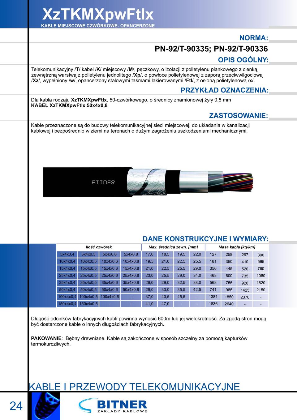 PRZYKŁAD OZNACZENIA: Dla kabla rodzaju XzTKMXpwFtlx, 50czwórkowego, o średnicy znamionowej żyły 0,8 mm KABEL XzTKMXpwFtlx 50x4x0,8 Kable przeznaczone są do budowy telekomunikacyjnej sieci miejscowej,