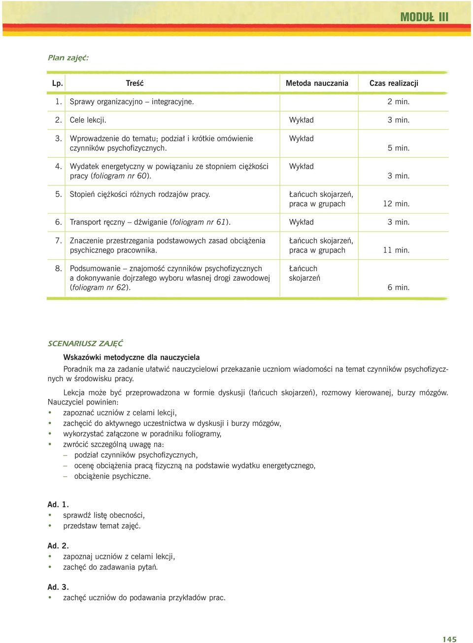 Stopieñ ciê koœci ró nych rodzajów pracy. añcuch skojarzeñ, praca w grupach 5 min. 3 min. 12 min. 6. Transport rêczny dÿwiganie (foliogram nr 61). Wyk³ad 3 min. 7.