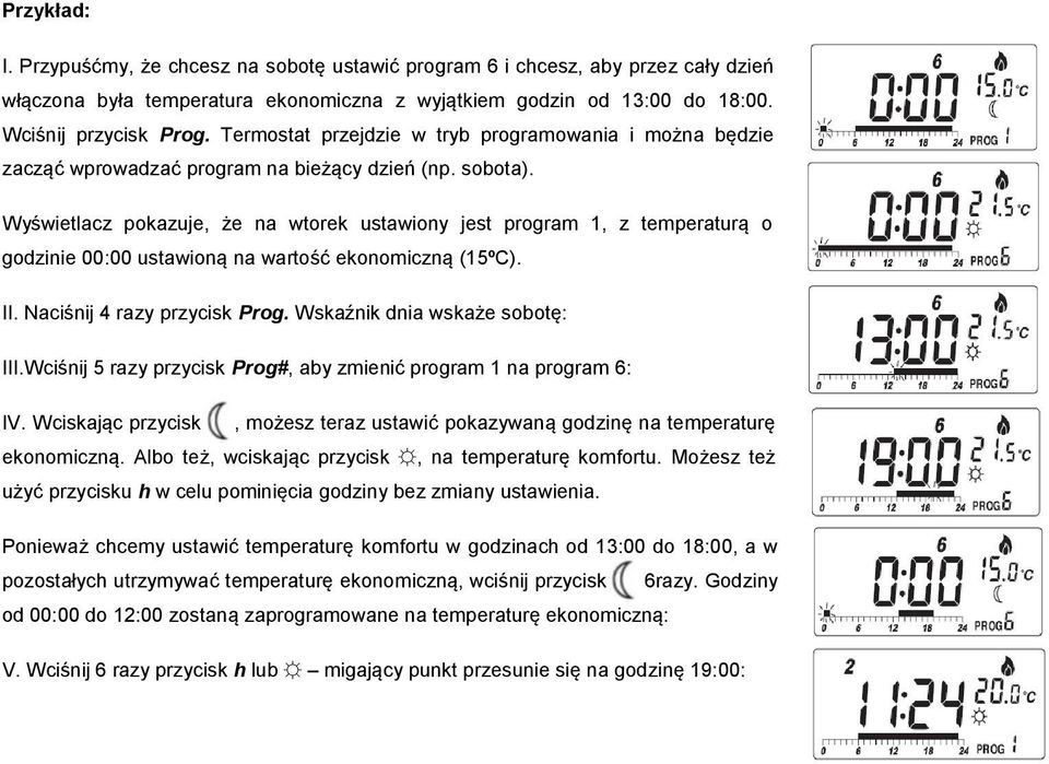 Wyświetlacz pokazuje, że na wtorek ustawiony jest program 1, z temperaturą o godzinie 00:00 ustawioną na wartość ekonomiczną (15ºC). II. Naciśnij 4 razy przycisk Prog.
