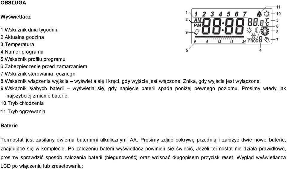 Wskaźnik słabych baterii wyświetla się, gdy napięcie baterii spada poniżej pewnego poziomu. Prosimy wtedy jak najszybciej zmienić baterie. 10.Tryb chłodzenia 11.