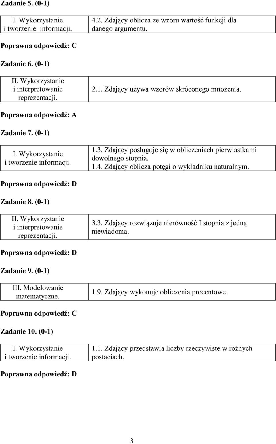 Poprawna odpowiedź: D Zadanie 8. (0-).. Zdający rozwiązuje nierówność I stopnia z jedną niewiadomą. Poprawna odpowiedź: D Zadanie 9. (0-) III. Modelowanie matematyczne..9. Zdający wykonuje obliczenia procentowe.
