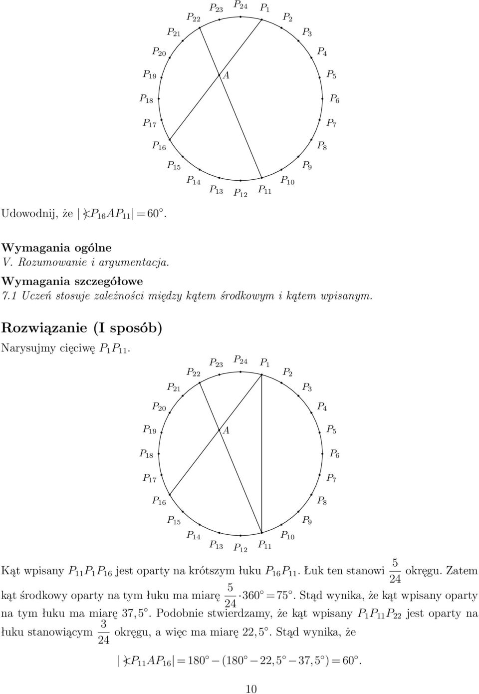 P P P 4 P 1 P P 0 P 1 P P4 P 19 A P 5 P 18 P 6 P 17 P 7 P 16 P 8 P 15 P 9 P 14 P 1 P 1 5 Kąt wpisany P 11 P 1 P 16 jest oparty na krótszym łuku P 16 P 11. Łuk ten stanowi okręgu.