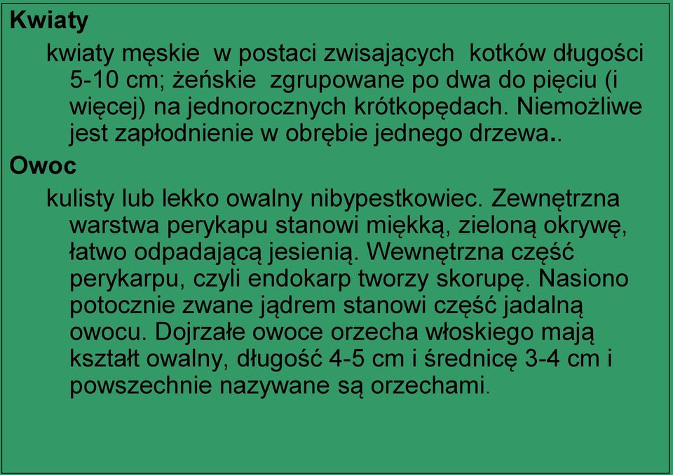 Zewnętrzna warstwa perykapu stanowi miękką, zieloną okrywę, łatwo odpadającą jesienią. Wewnętrzna część perykarpu, czyli endokarp tworzy skorupę.