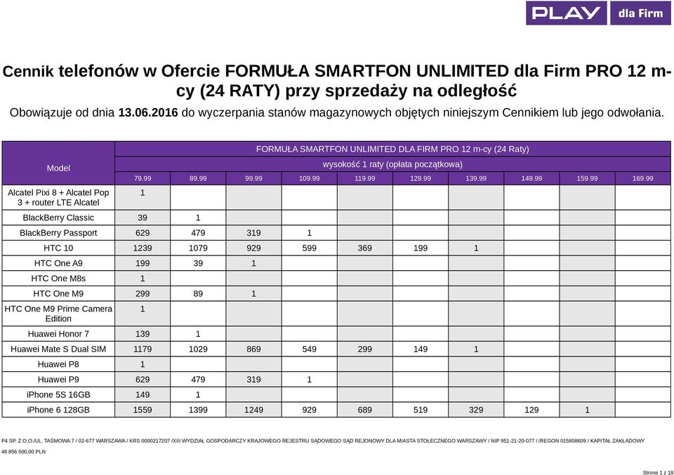 Model Alcatel Pixi 8 + Alcatel Pop 3 + router LTE Alcatel BlackBerry Classic 39 wysokość raty (opłata początkowa) BlackBerry Passport 629 479 39 HTC 0 239 079