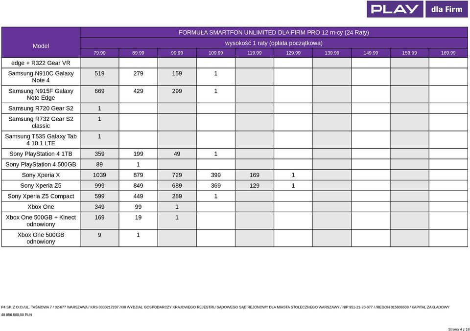 LTE wysokość raty (opłata początkowa) 59 279 59 669 429 299 Sony PlayStation 4 TB 359 99 49 Sony PlayStation 4 500GB