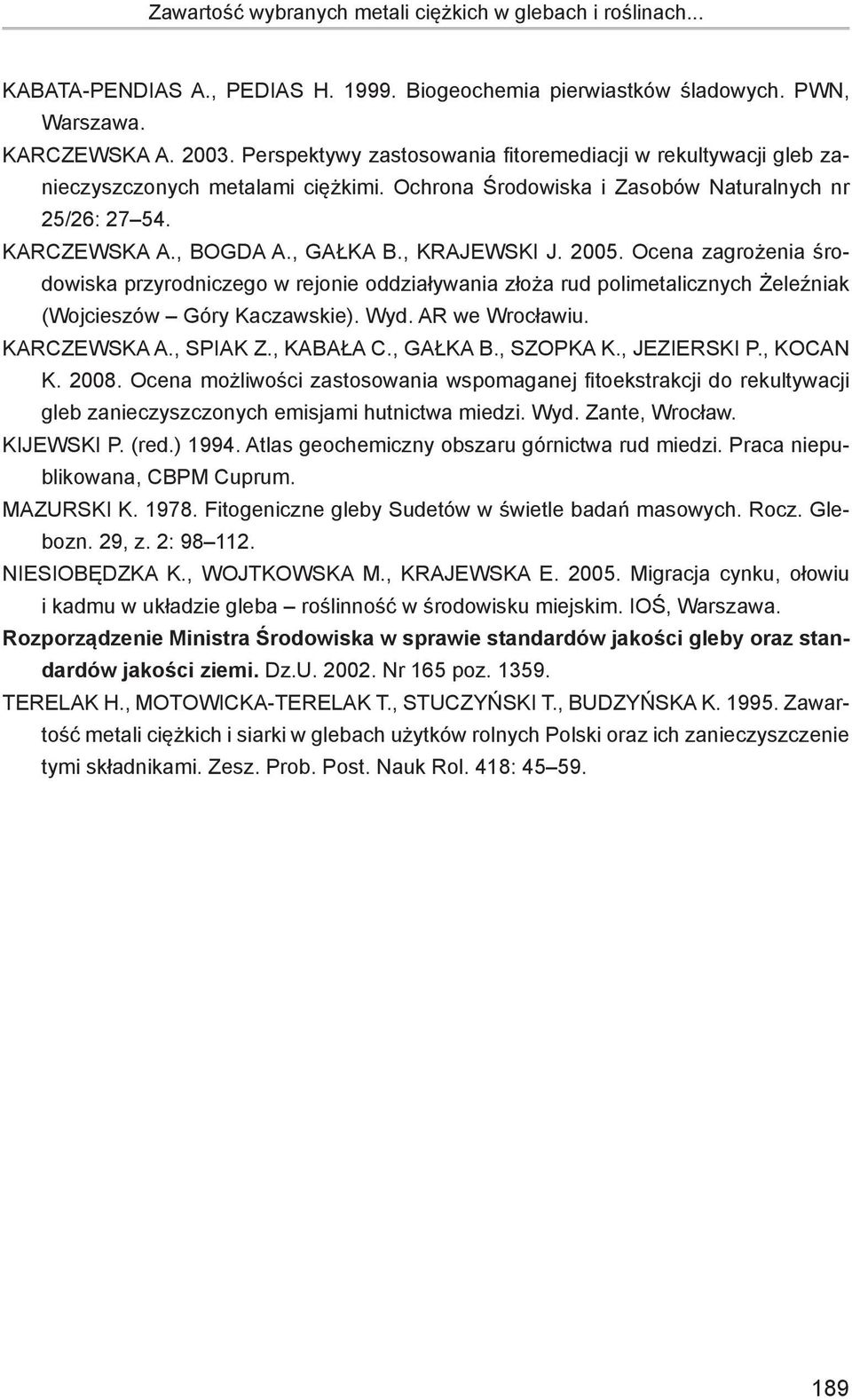 , Krajewski J. 2005. Ocena zagrożenia środowiska przyrodniczego w rejonie oddziaływania złoża rud polimetalicznych Żeleźniak (Wojcieszów Góry Kaczawskie). Wyd. AR we Wrocławiu. Karczewska A., Spiak Z.