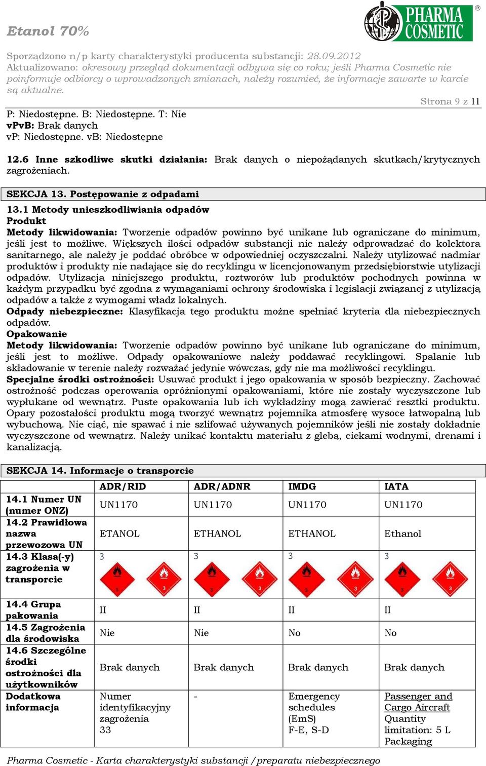1 Metody unieszkodliwiania odpadów Produkt Metody likwidowania: Tworzenie odpadów powinno być unikane lub ograniczane do minimum, jeśli jest to moŝliwe.