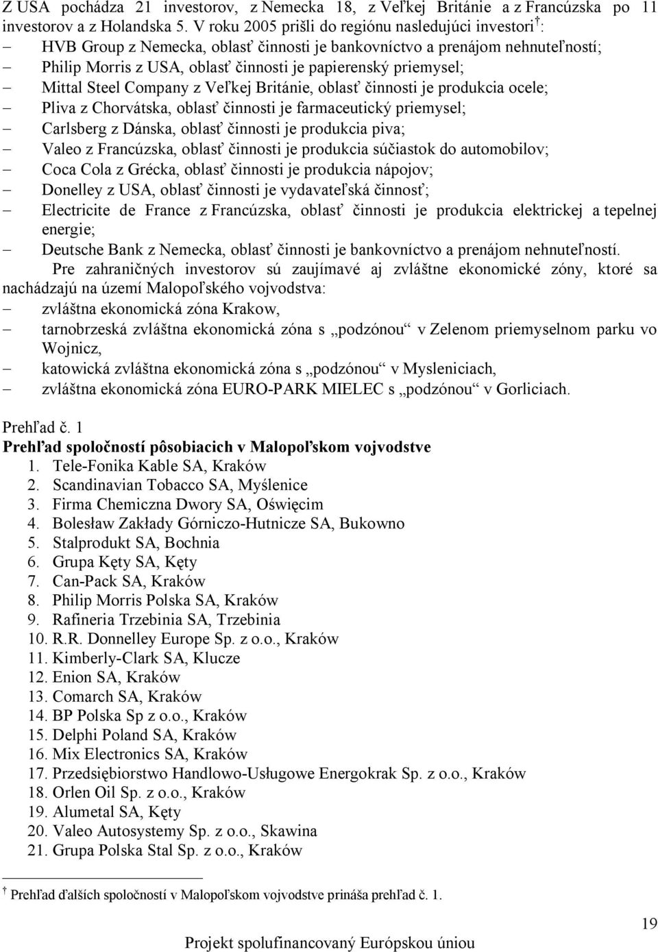 - Mittal Steel Company z Veľkej Británie, oblasť činnosti je produkcia ocele; - Pliva z Chorvátska, oblasť činnosti je farmaceutický priemysel; - Carlsberg z Dánska, oblasť činnosti je produkcia