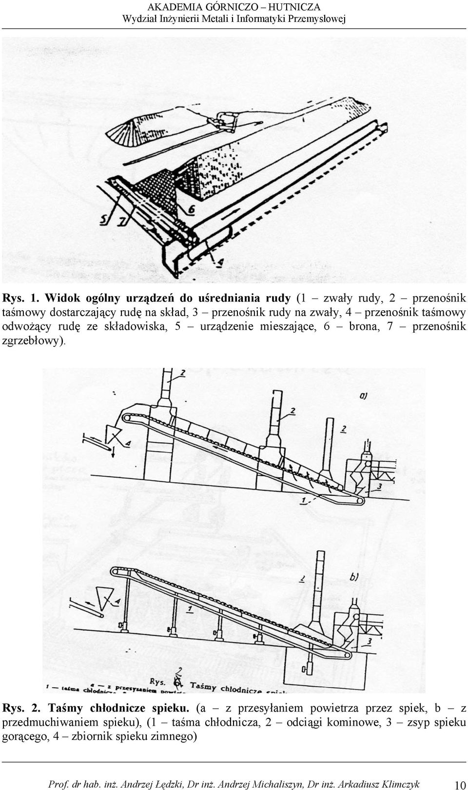 4 przenośnik taśmowy odwożący rudę ze składowiska, 5 urządzenie mieszające, 6 brona, 7 przenośnik zgrzebłowy). Rys. 2.