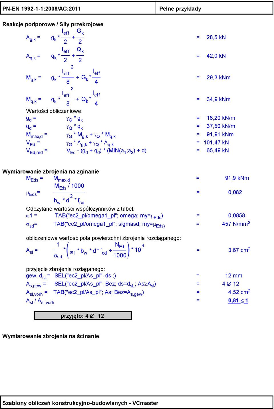 γ G * A g,k + γ Q * A q,k = 101,47 kn V Ed,red = V Ed - (g d + q d ) * (MIN(a 1 ;a 2 ) + d) = 65,49 kn Wymiarowanie zbrojenia na zginanie M Eds = M max,d = 91,9 knm M Eds / 1000 µ Eds = b w * d 2 =