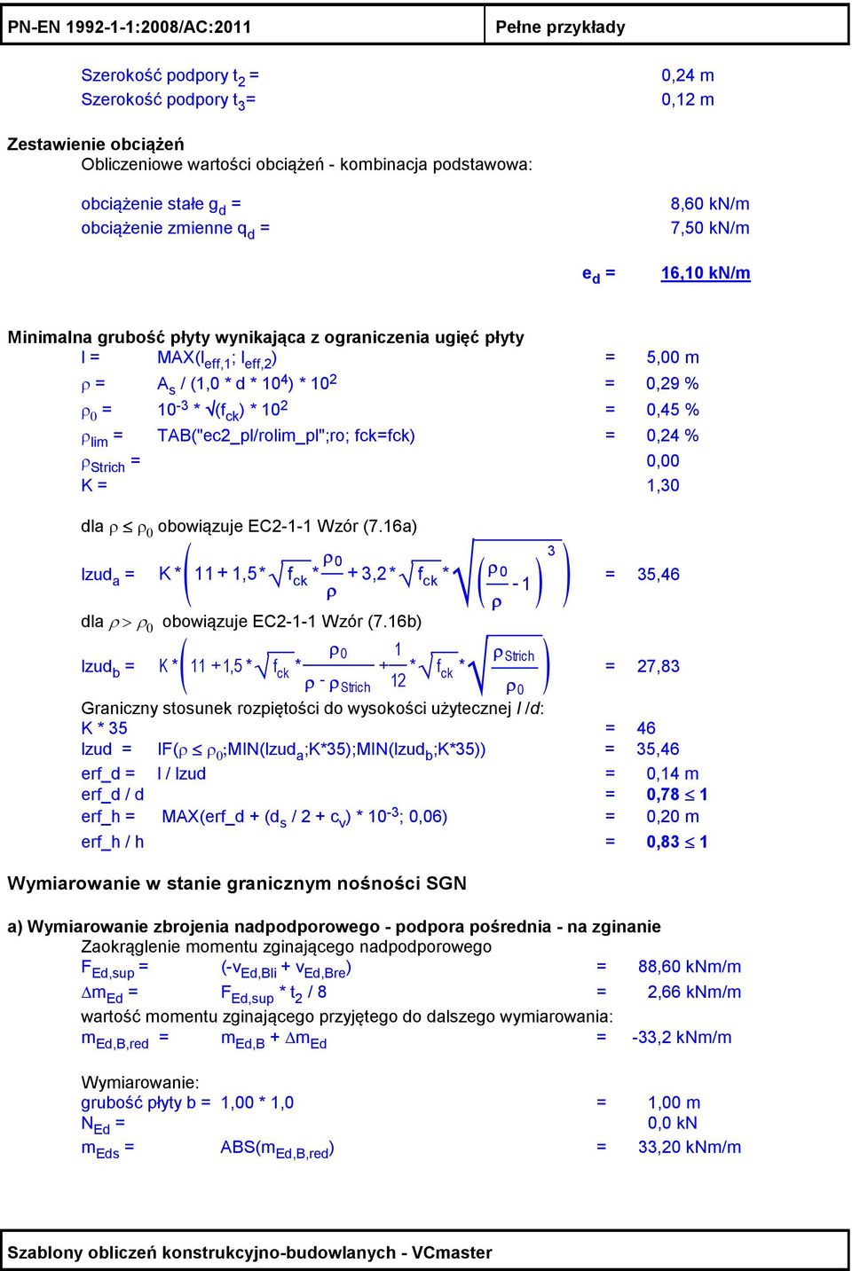 2 = 0,29 % ρ 0 = 10-3 * (f ck ) * 10 2 = 0,45 % ρ lim = TAB("ec2_pl/rolim_pl";ro; fck=fck) = 0,24 % ρ Strich = 0,00 K = 1,30 dla ρ ρ 0 obowiązuje EC2-1-1 Wzór (7.
