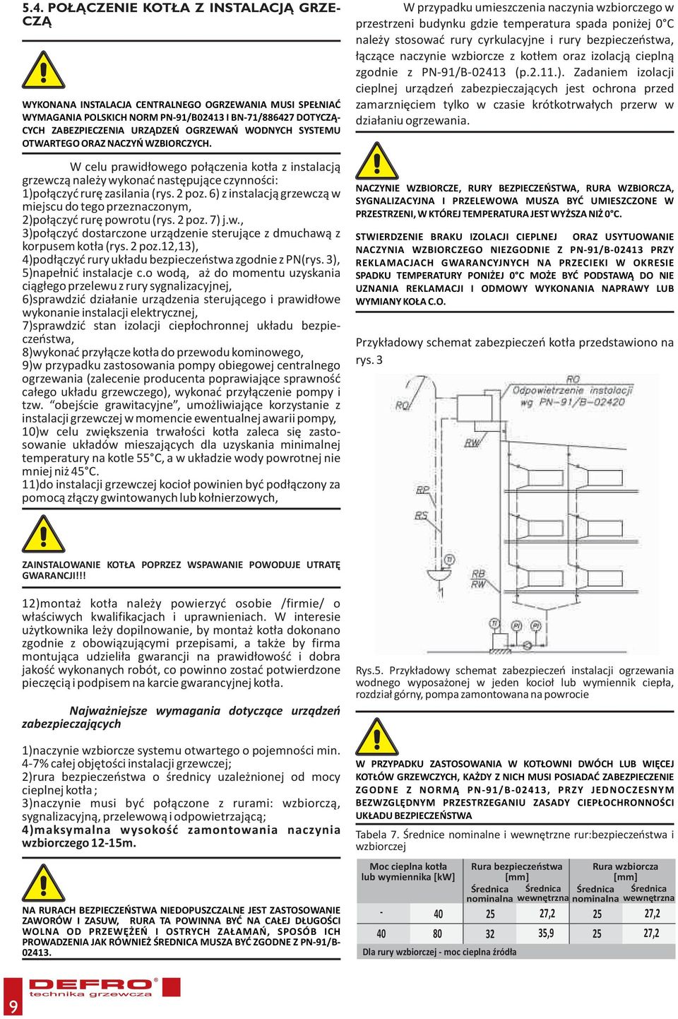 6) z instalacją grzewczą w miejscu do tego przeznaczonym, 2)połączyć rurę powrotu (rys. 2 poz. 7) j.w., 3)połączyć dostarczone urządzenie sterujące z dmuchawą z korpusem kotła (rys. 2 poz.12,13), 4)podłączyć rury układu bezpieczeństwa zgodnie z PN(rys.