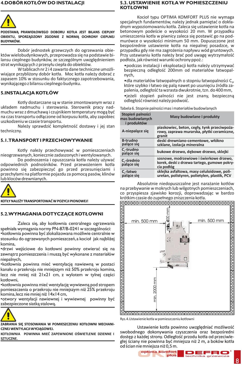 obiektów. W tablicach nr 2 i 4 zawarto dane techniczne umożliwiające przybliżony dobór kotła.