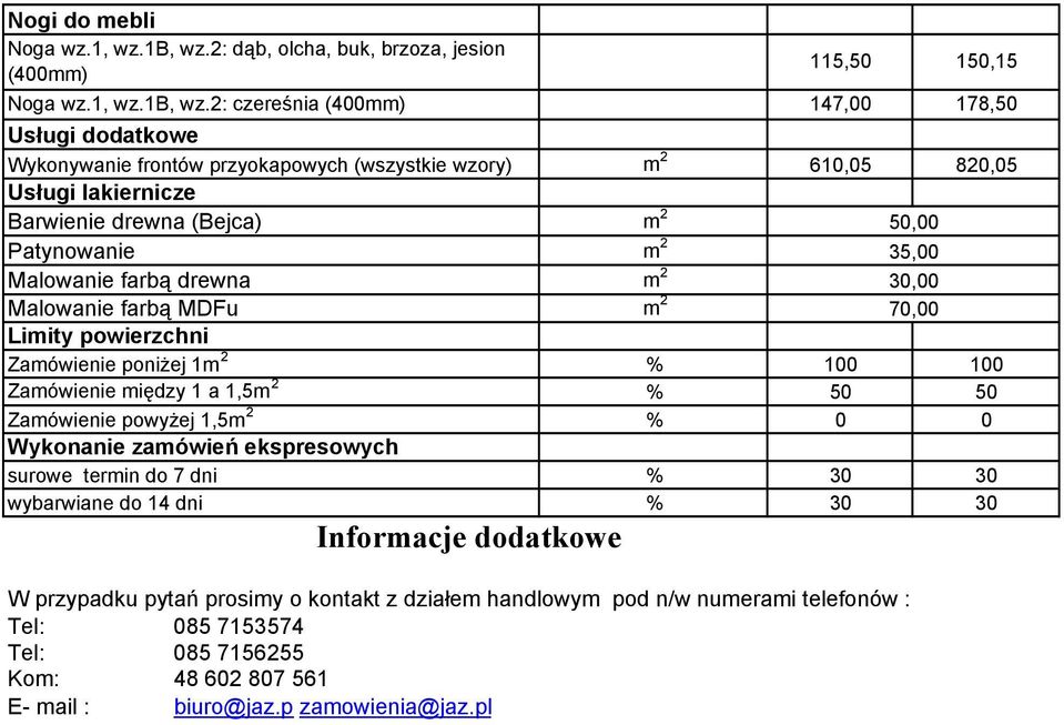 2: czereśnia (400mm) 147,00 178,50 Usługi dodatkowe Wykonywanie frontów przyokapowych (wszystkie wzory) m 2 Usługi lakiernicze Barwienie drewna (Bejca) m 2 Patynowanie m 2 Malowanie farbą drewna m