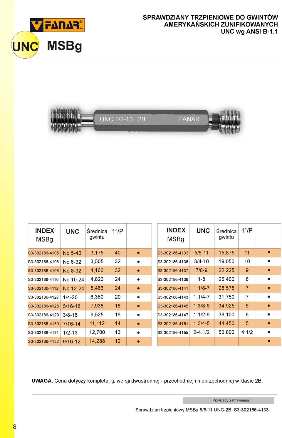 S3-302186-4112 No 12-24 5,486 24 S3-302186-4127 1/4-20 6,350 20 S3-302186-4128 5/16-18 7,938 18 S3-302186-4129 3/8-16 9,525 16 S3-302186-4130 7/16-14 11,112 14 S3-302186-4131 1/2-13 12,700 13