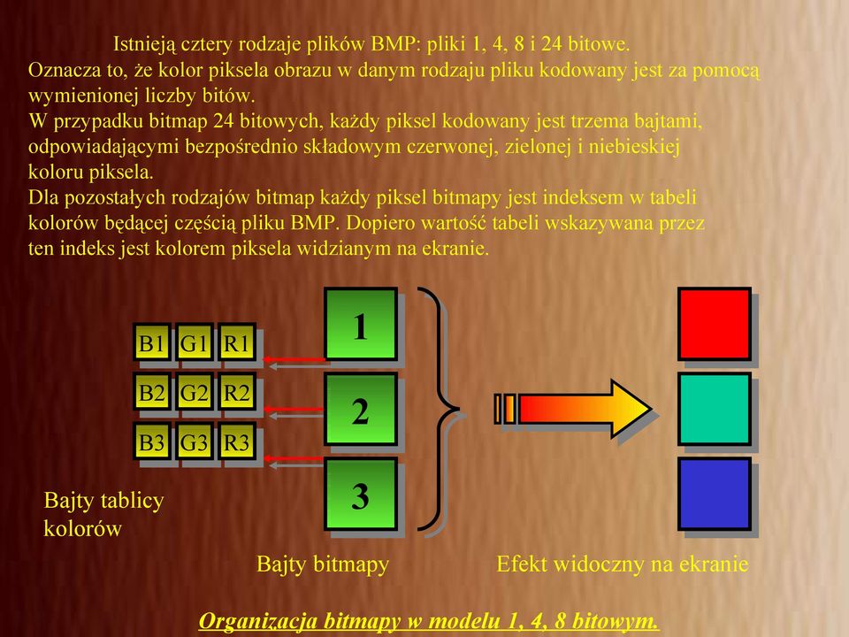 Dla pozostałych rodzajów bitmap każdy piksel bitmapy jest indeksem w tabeli kolorów będącej częścią pliku BMP.