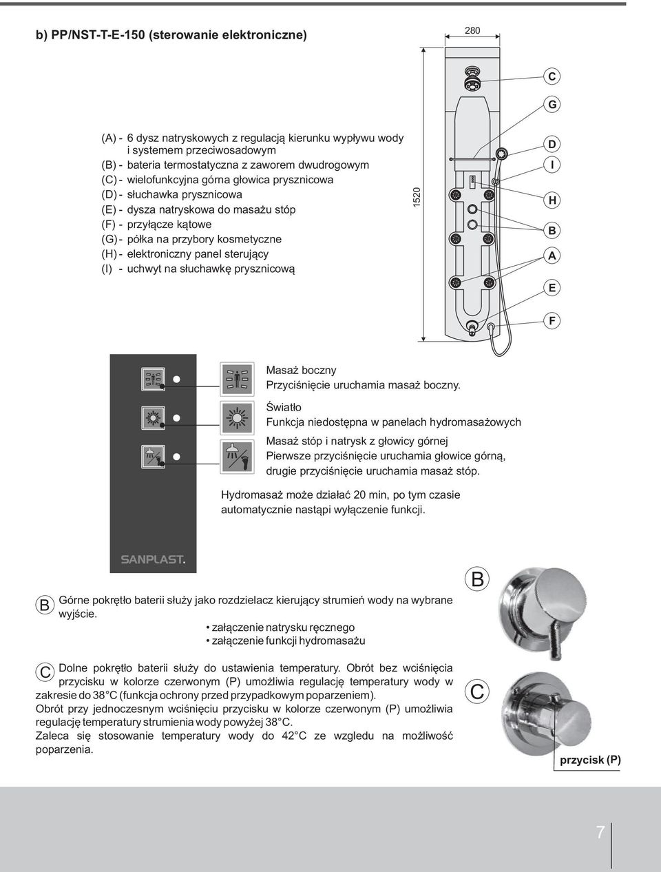 sterujący (I) - uchwyt na słuchawkę prysznicową 1520 D I H B A E F Masaż boczny Przyciśnięcie uruchamia masaż boczny.