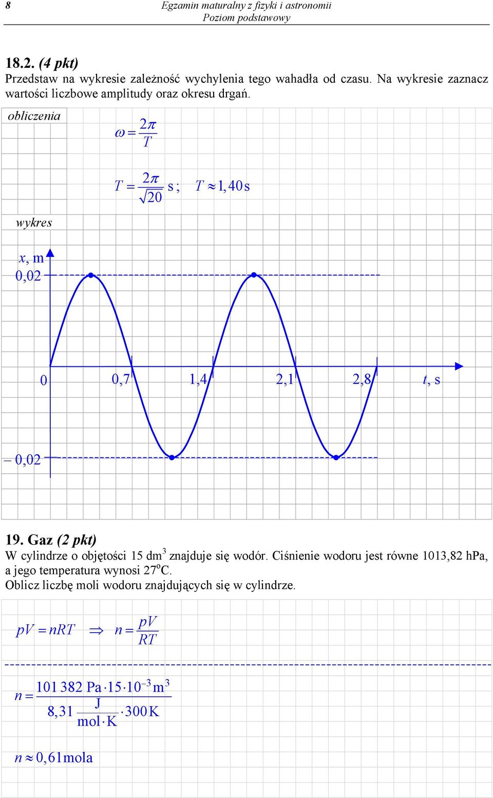 obliczenia π ω = T wykre x, m 0,0 T π = ; T 1,40 0 0 0,7 1,4,1,8 t, 0,0 19.