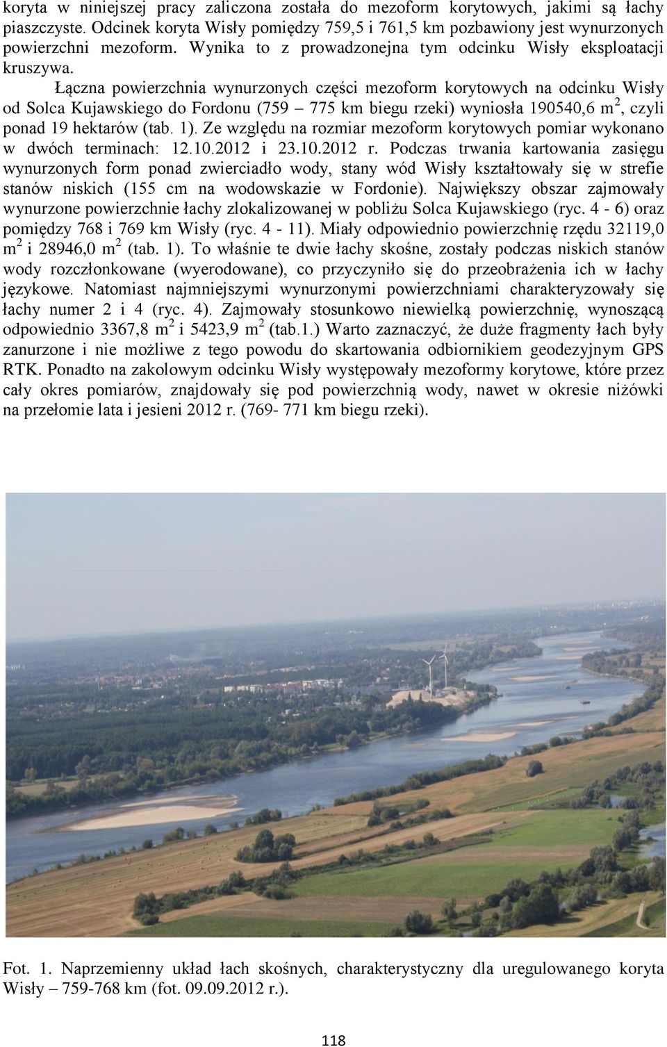 Łączna powierzchnia wynurzonych części mezoform korytowych na odcinku Wisły od Solca Kujawskiego do Fordonu (759 775 km biegu rzeki) wyniosła 190540,6 m 2, czyli ponad 19 hektarów (tab. 1).